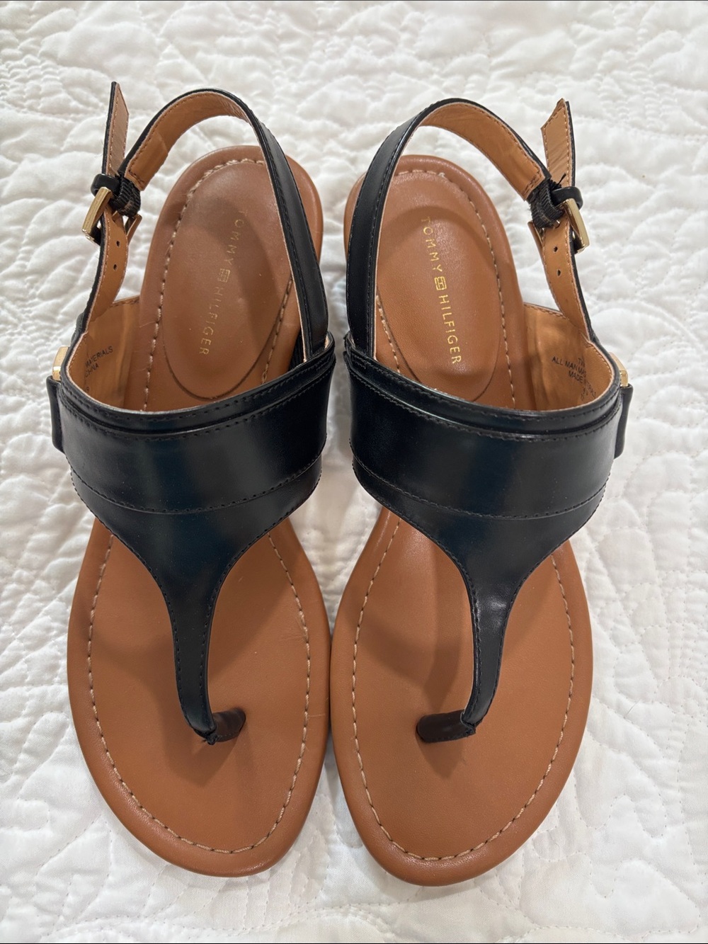 Tommy Hilfiger Black Leather Thong Slingback Sandals with Tan Footbed